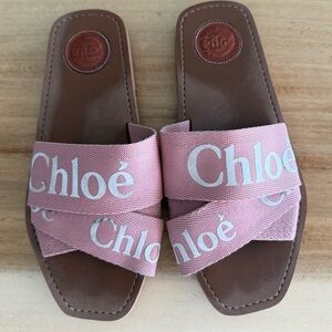 Chloé Pink Logo Ribbon Leather Slide Sandals